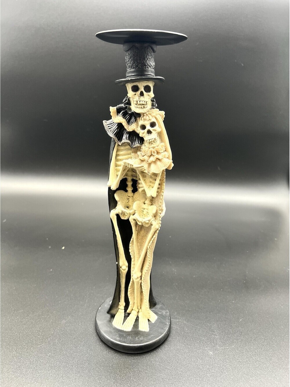 SKELETON Bride And Groom Tall 12 In Resin Candleholder Black & White Halloween